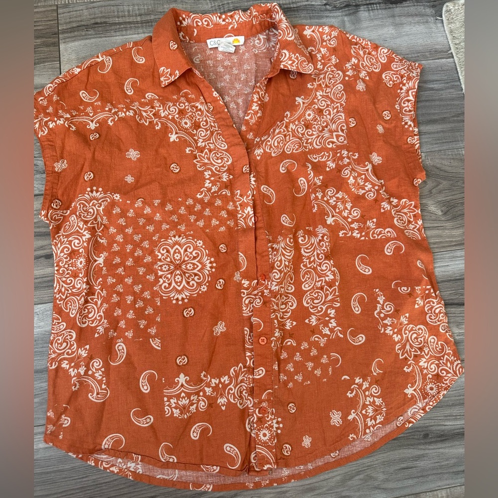 C&C California Terracotta Paisley Button-Down Shirt Floral Linen Blend Size L